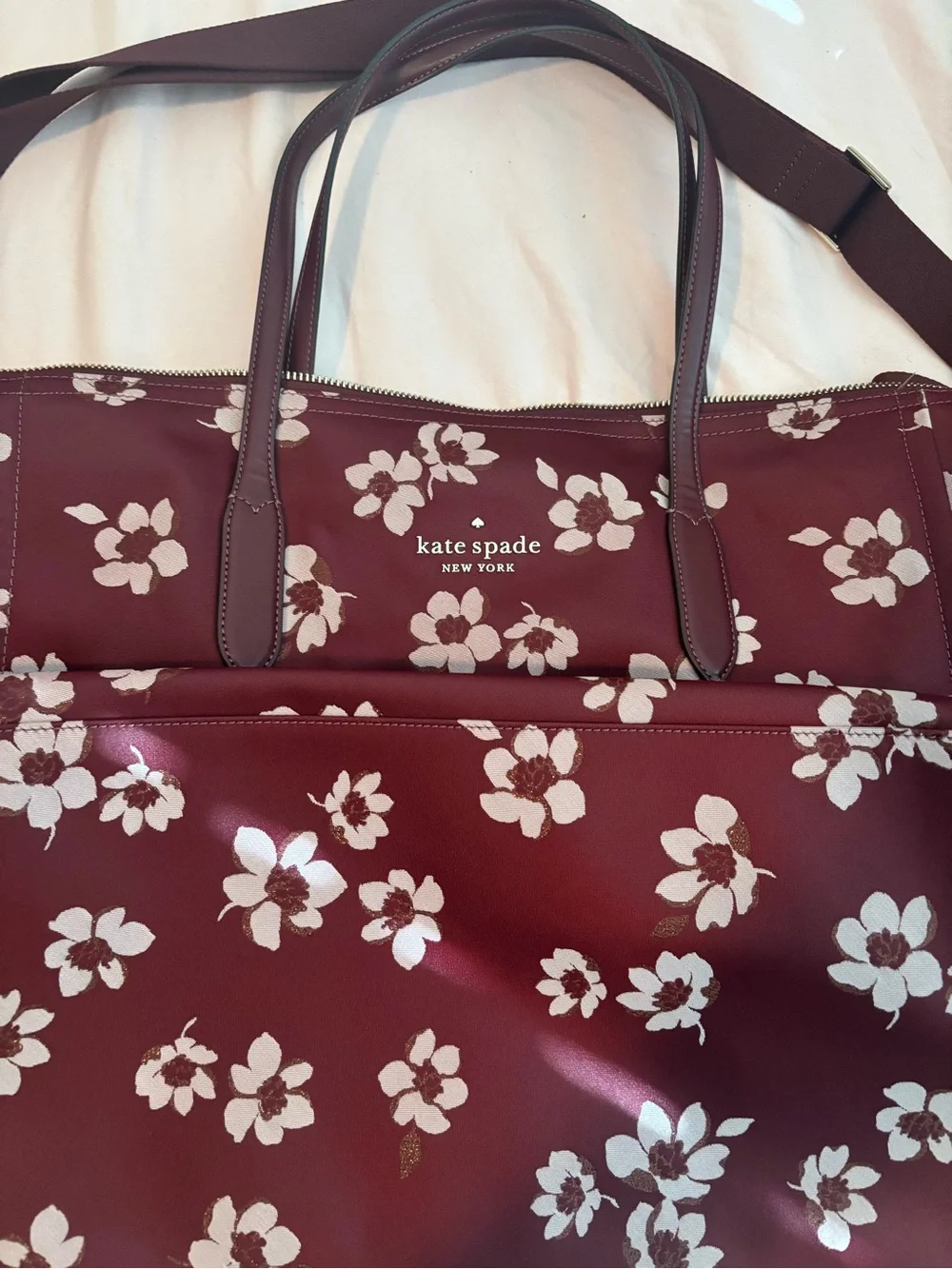 kate spade burgundy tote with white floral print